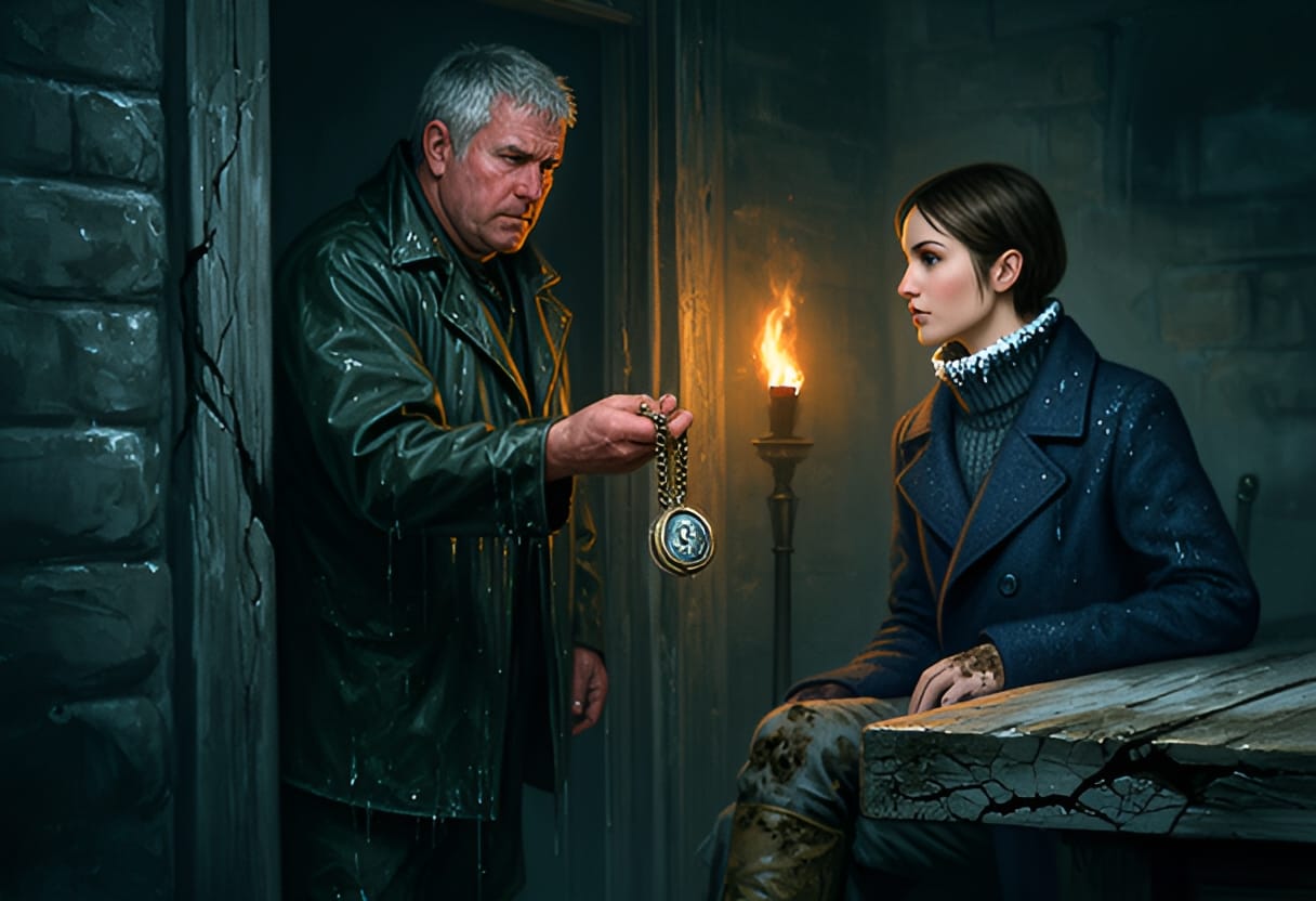 He shows the locket found in the sea cave.