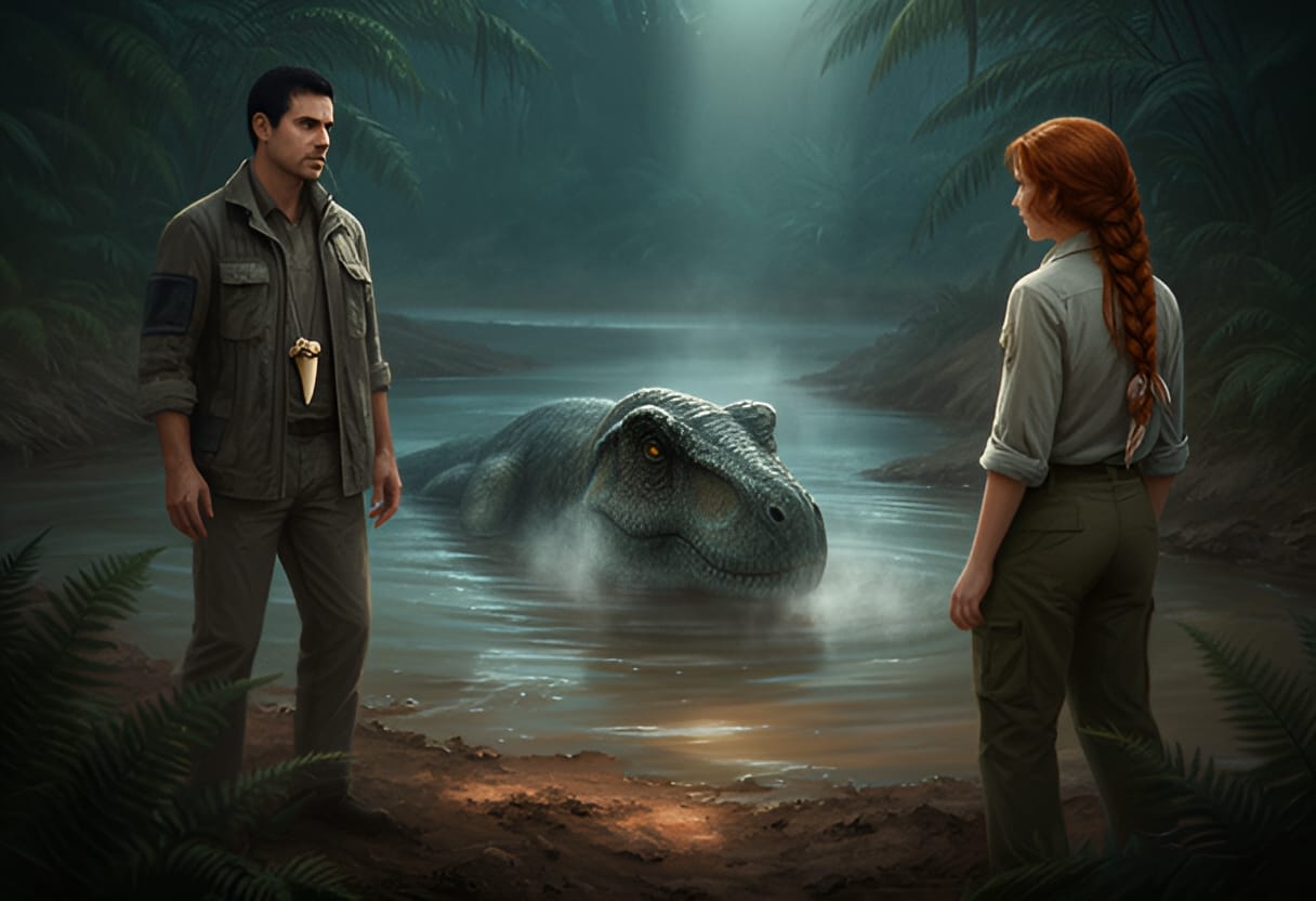 The Allosaurus watches the water, still and silent.