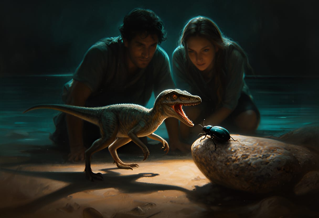 The Compsognathus strikes at a beetle but releases it.