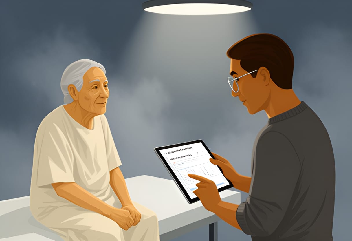 A clinician reviews an AI summary as the patient describes worsening symptoms.