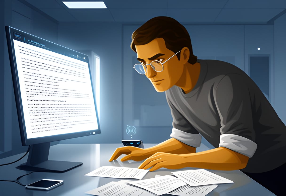 Clinician struggles with low-confidence AI output, eyes darting anxiously.