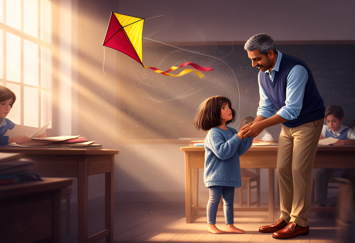 The kite breaks free, startling the room.