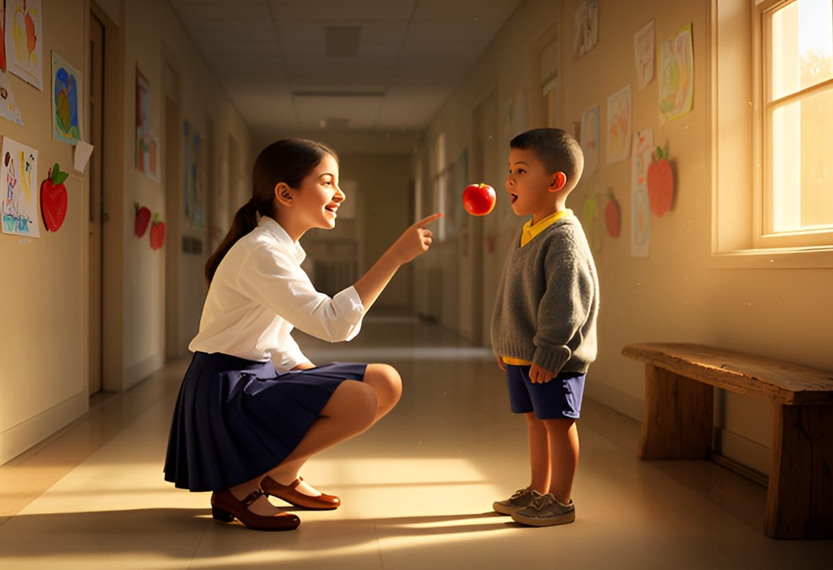 Yasmine teaches the younger boy the sound of A through the word apple.