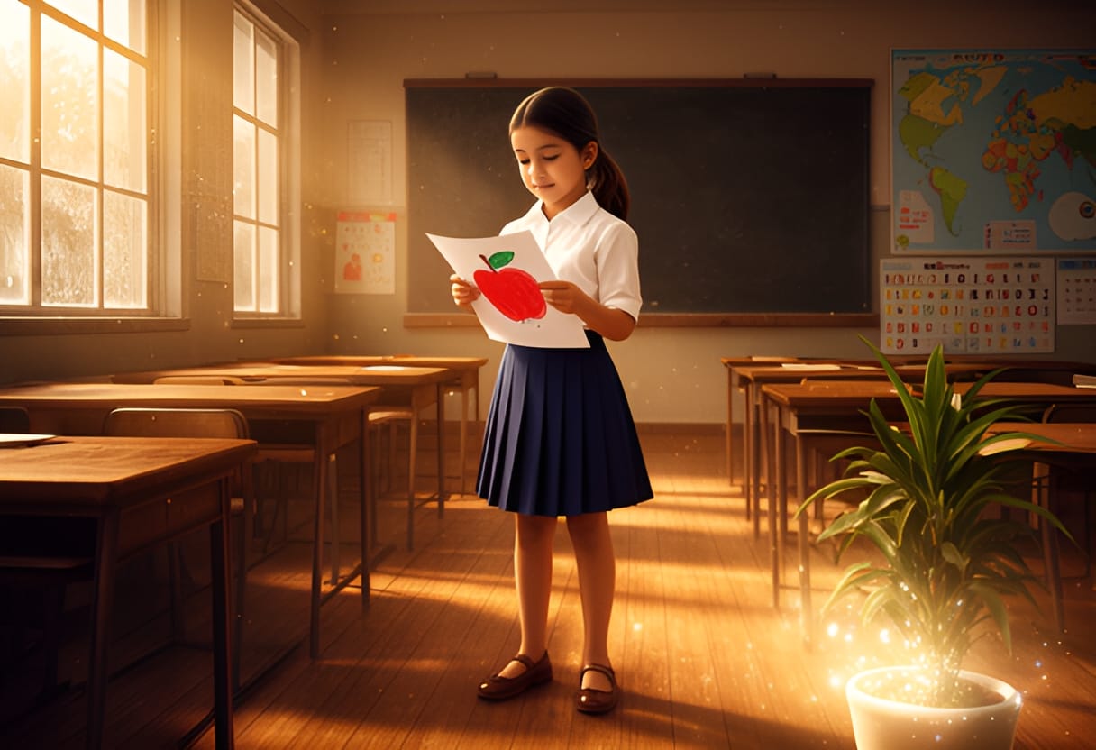 Yasmine sees a student’s apple drawing and feels quiet pride.