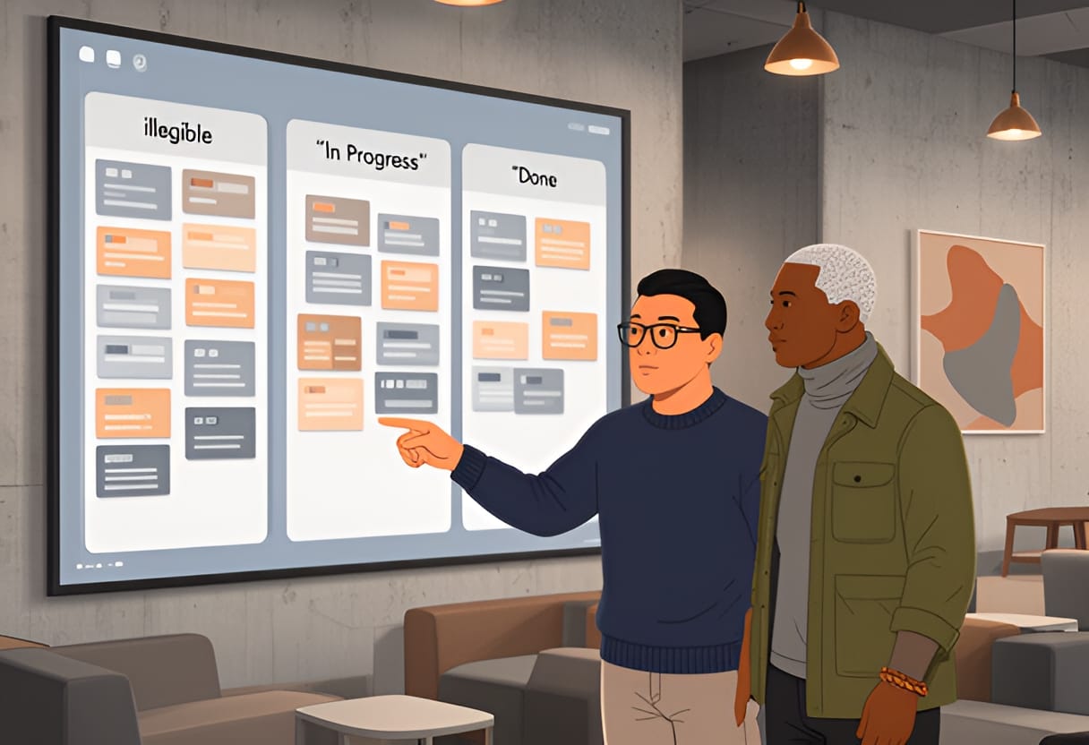 The team reviews outcomes together on a transparent progress board.