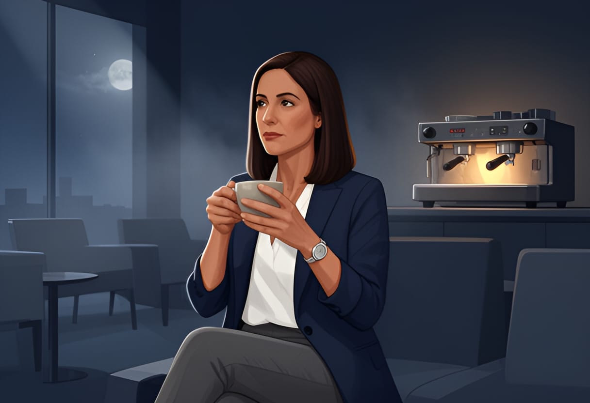 Elise reflects on what it means to be seen, her tea untouched in the quiet lounge.