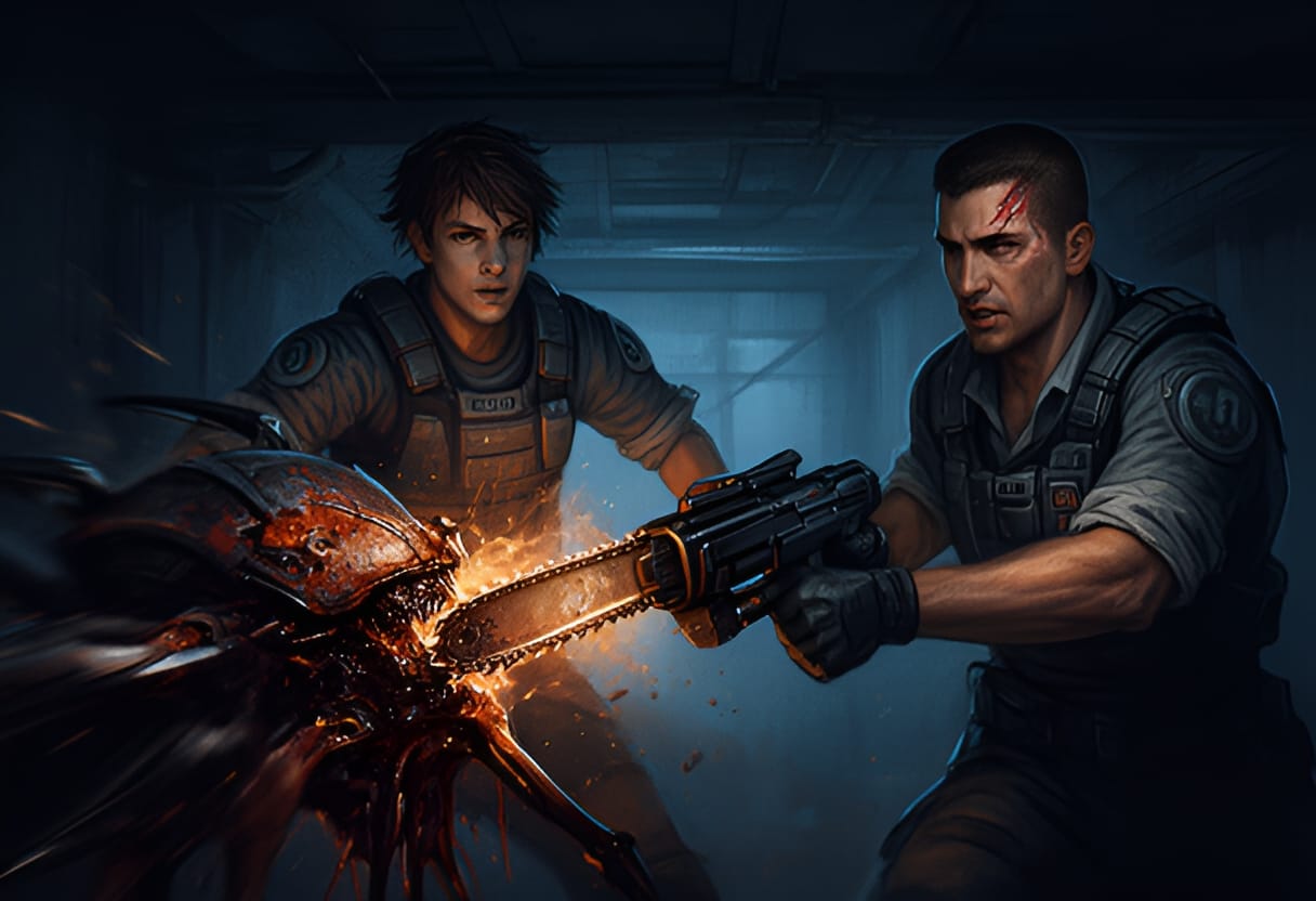 Alex Lopez unleashes the Lancer's chainsaw on a Locust Drone.