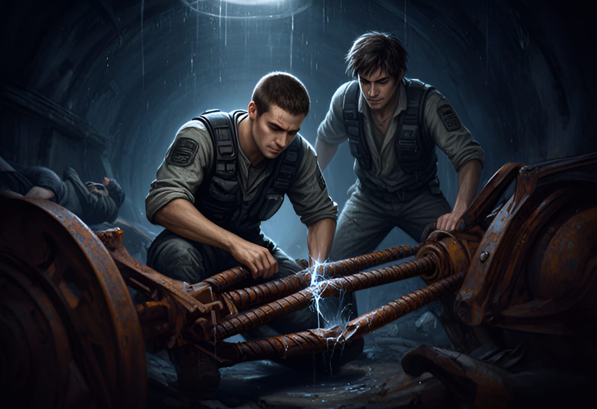 The cart fails, stranding the group in the dark drain.
