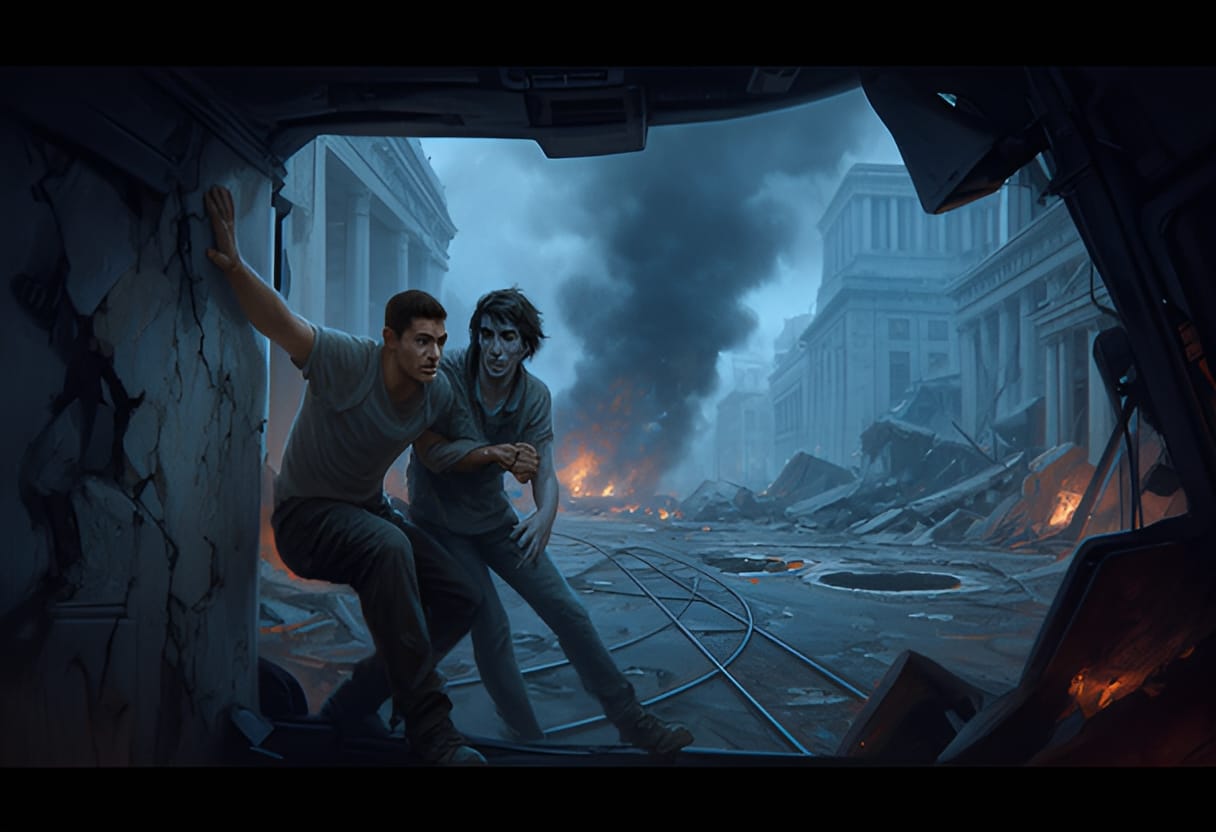 Zay holds on as the Mule weaves through the city's devastation.