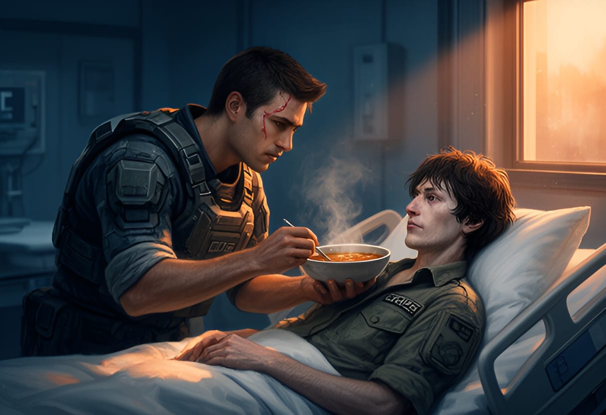 Zay feeds Alex stew, recalling their mother's cooking.