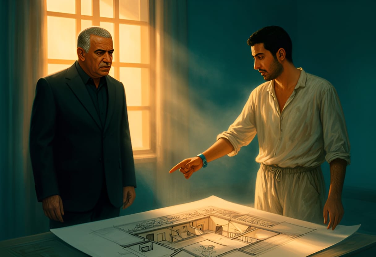 Mr. Hassan listens closely as Youssef presents his thoughtful design.