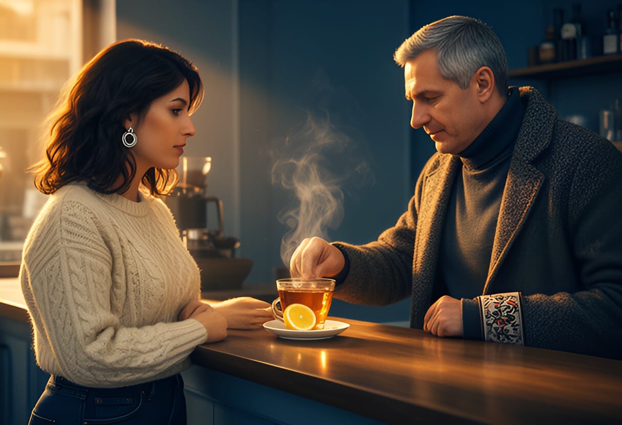 The barista serves her tea with lemon, steam curling in the air.