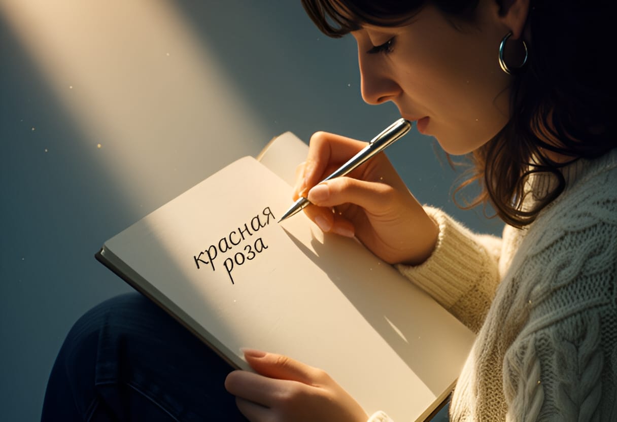 Ana writes the phrase for 'red rose' with deliberate focus.