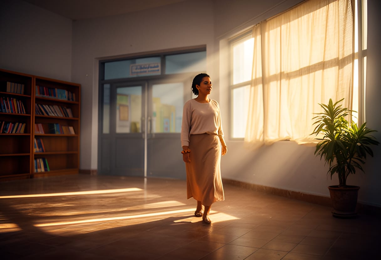 Layla walks forward, her mind already shaping her first words to students.