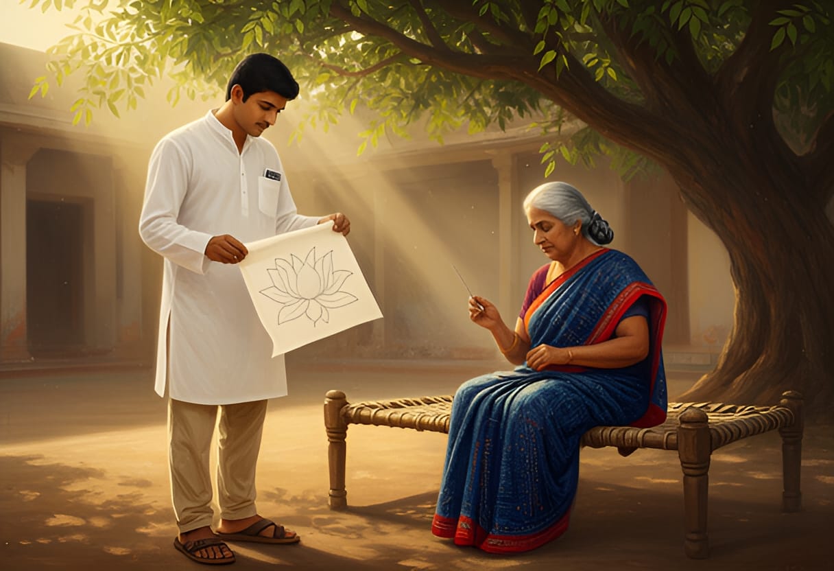 Arjun shows Lata Devi the lotus from his grandmother’s journal.