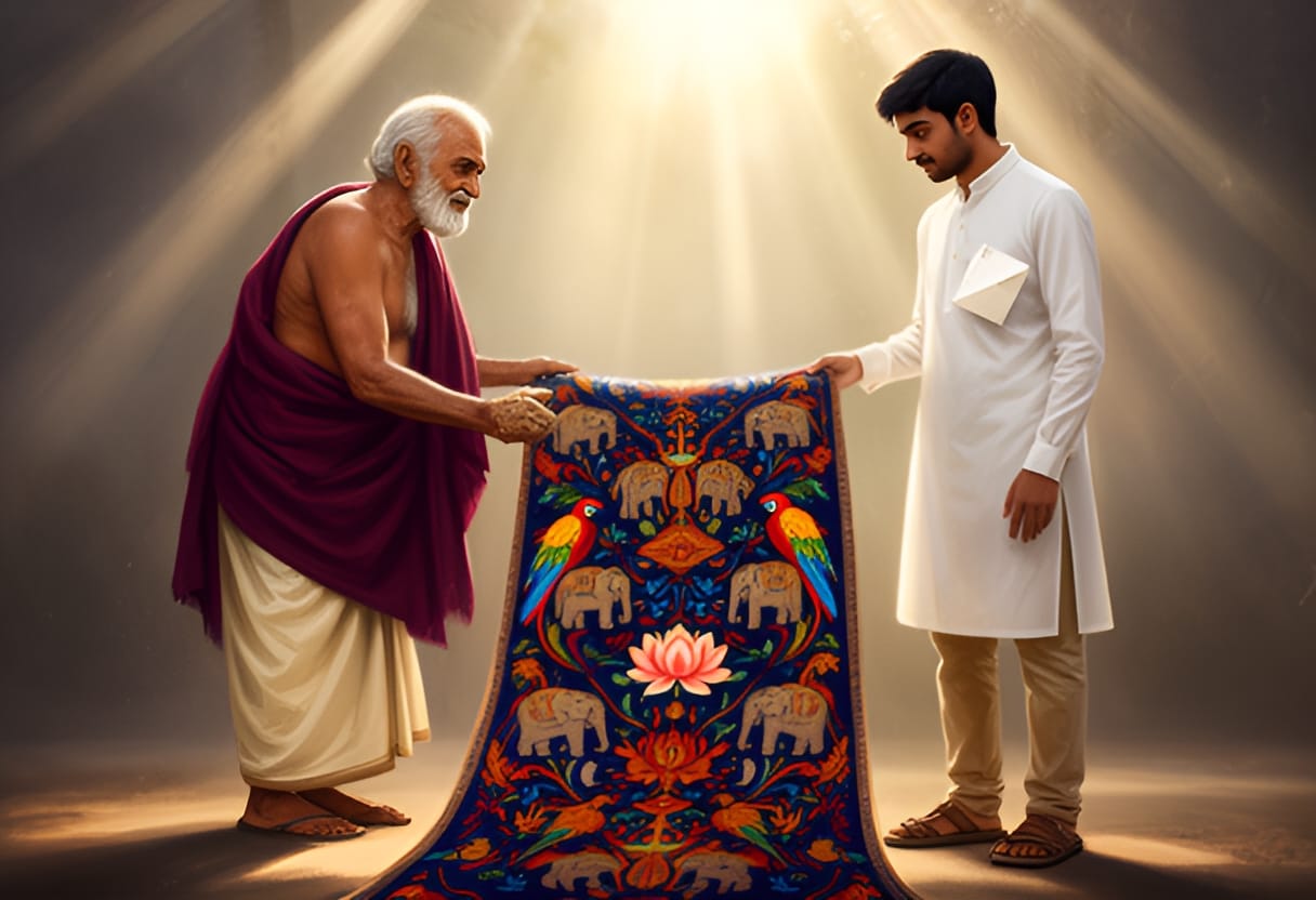 Arjun receives a finished strip bearing mirrored elephants and a central lotus.